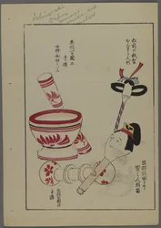 Japanse speelgoed, uit Unai no tomo (Vrienden van een kind) door Shimizu Seifu, 1891-1923. Kom, rammelaars.